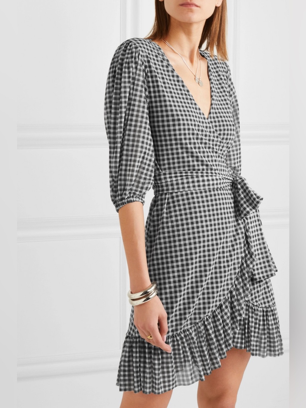 Ganni | Black and White Gingham Check Lightweight Mesh Wrap Mini Dress